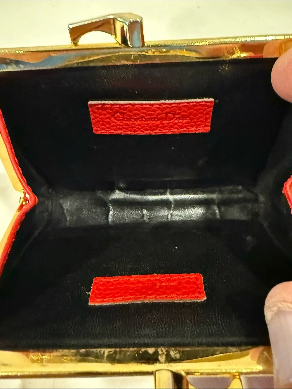 Dior Red Pebbled Leather Compact Coin Purse Wallet with Gold Hardware